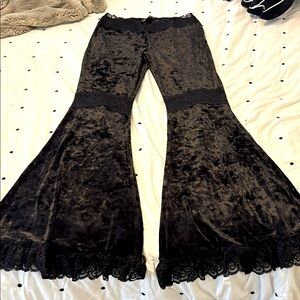 Widow Black Velvet Flare Pants with Lace Trim